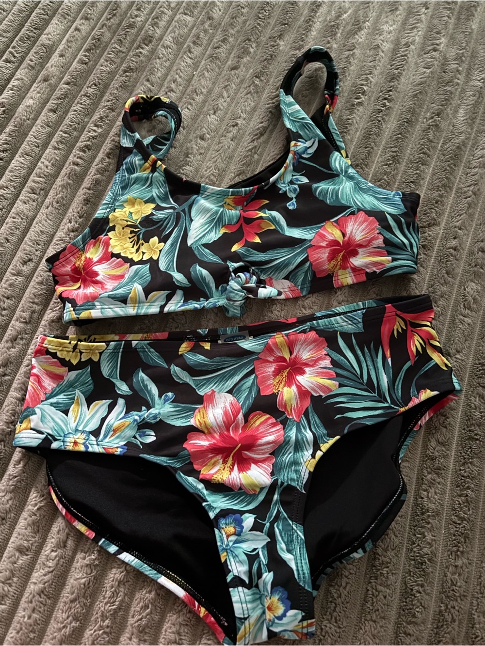 Tropical Floral Two-Piece Bikini Set - Black with Red, Yellow & Teal Flowers